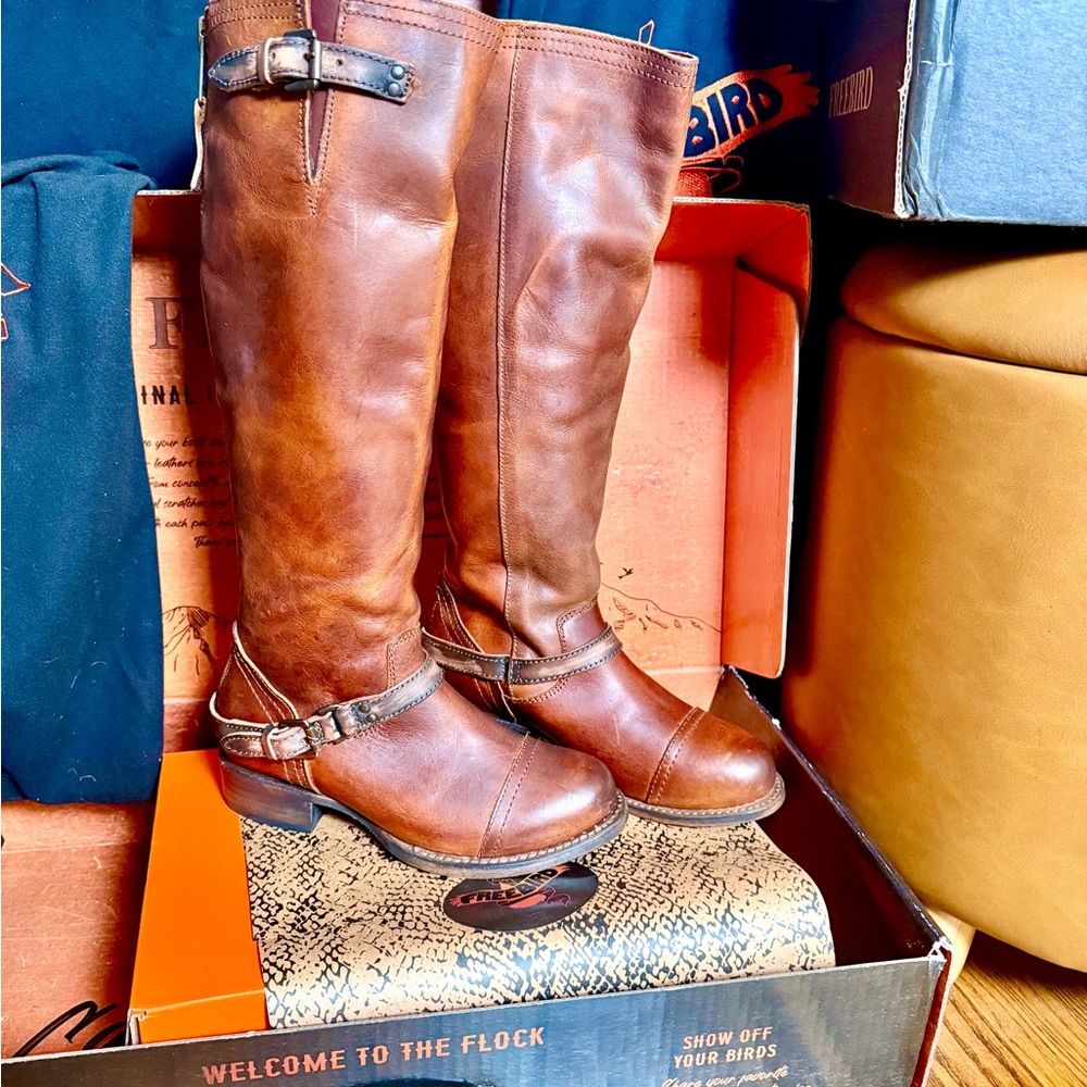 *BRAND NEW* and never worn, Freebird knee high "Roadey" boots.